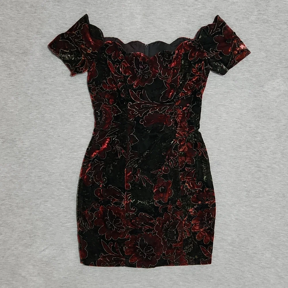 Vintage Rampage Floral Velvet Formal Strapless Bodycon Mini Party Dress - Picture 3 of 8